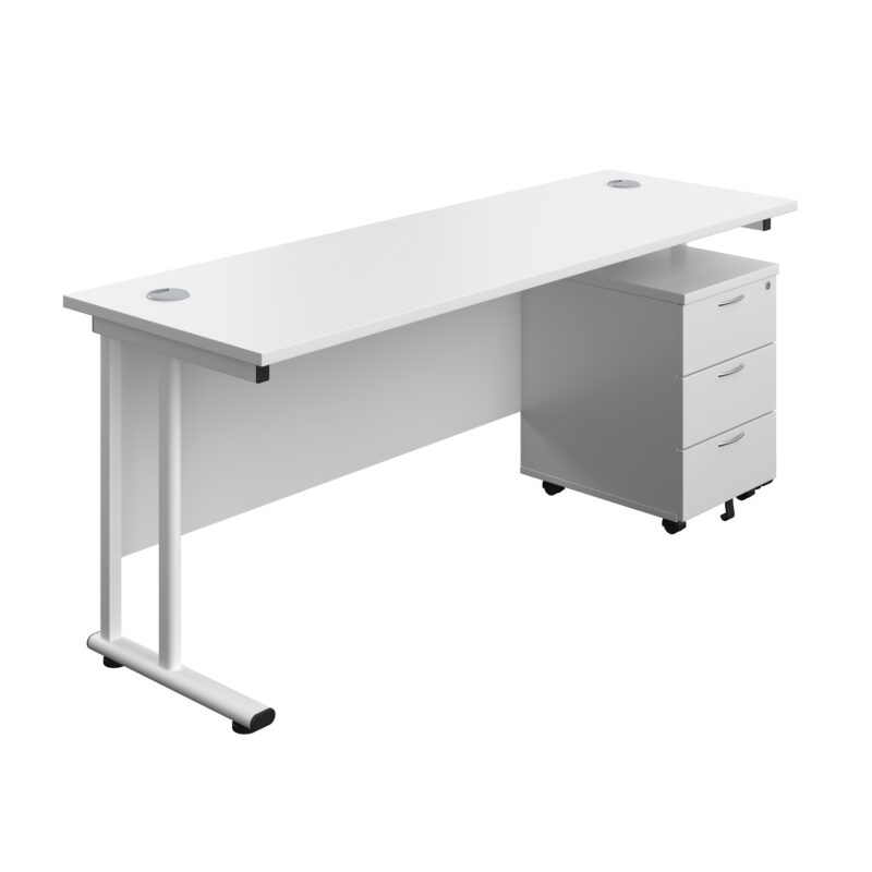 Twin Upright Rectangular Desk + Mobile 3 Drawer Pedestal | 1800X600 | White/White