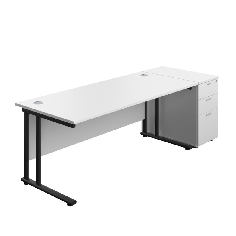 Twin Upright Rectangular Desk + Desk High 3 Drawer Pedestal | 1800X800 | White/Black