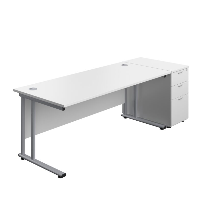 Twin Upright Rectangular Desk + Desk High 3 Drawer Pedestal | 1800X800 | White/Silver