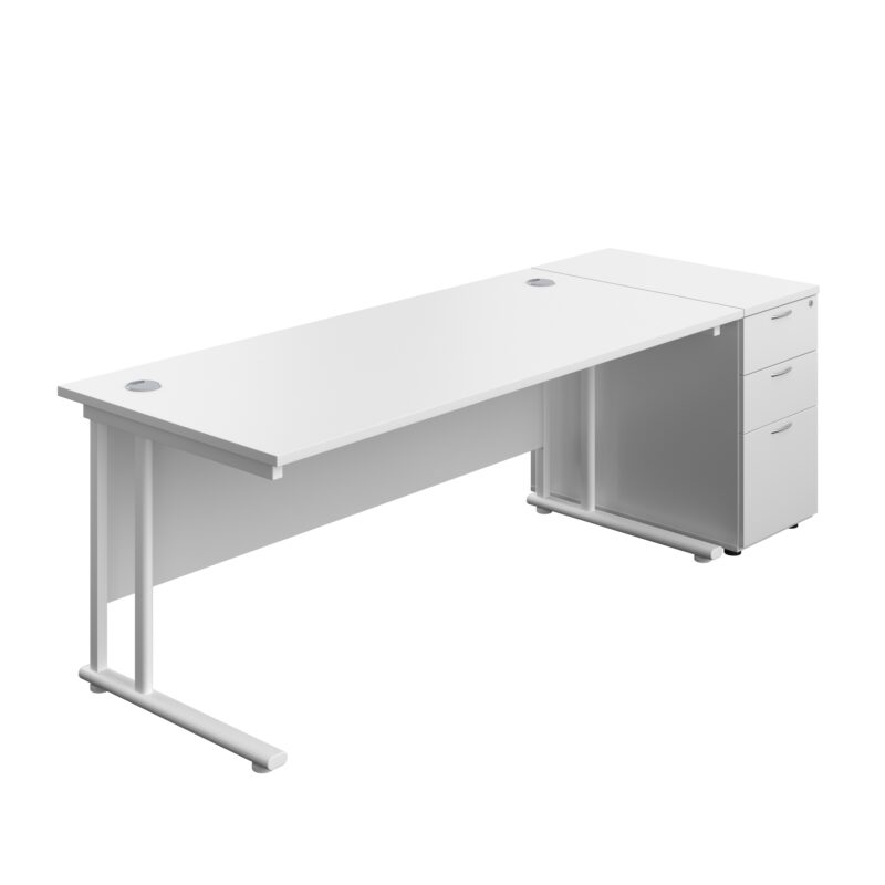 Twin Upright Rectangular Desk + Desk High 3 Drawer Pedestal | 1800X800 | White/White