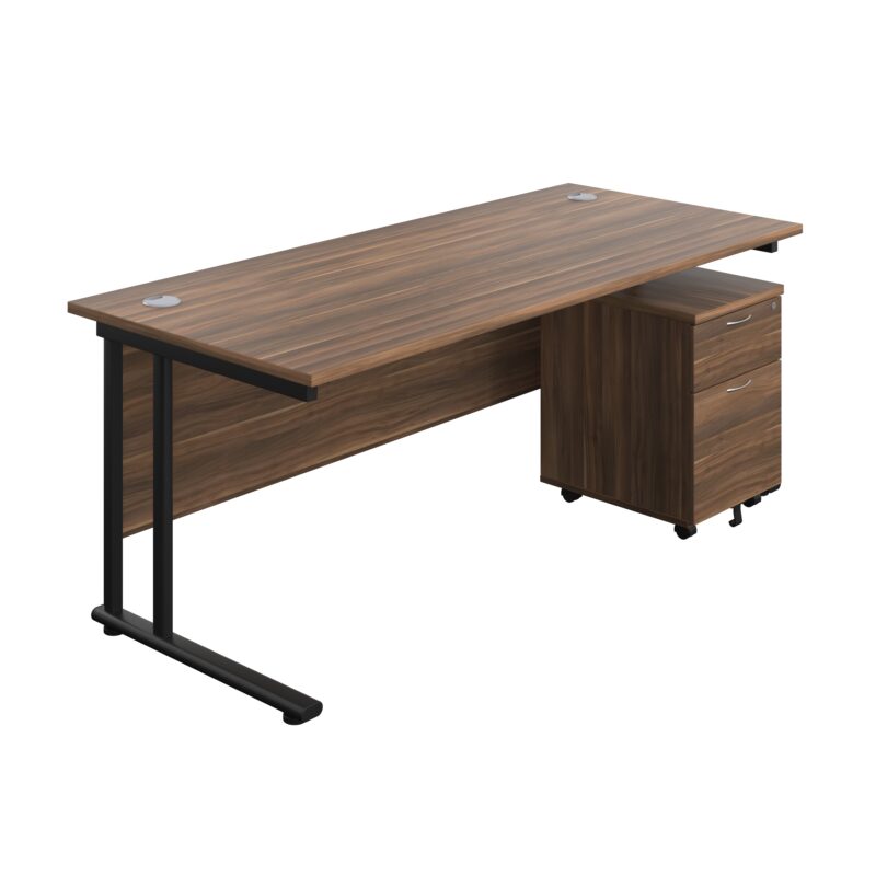 Twin Upright Rectangular Desk + Mobile 2 Drawer Pedestal | 1800X800 | Dark Walnut/Black