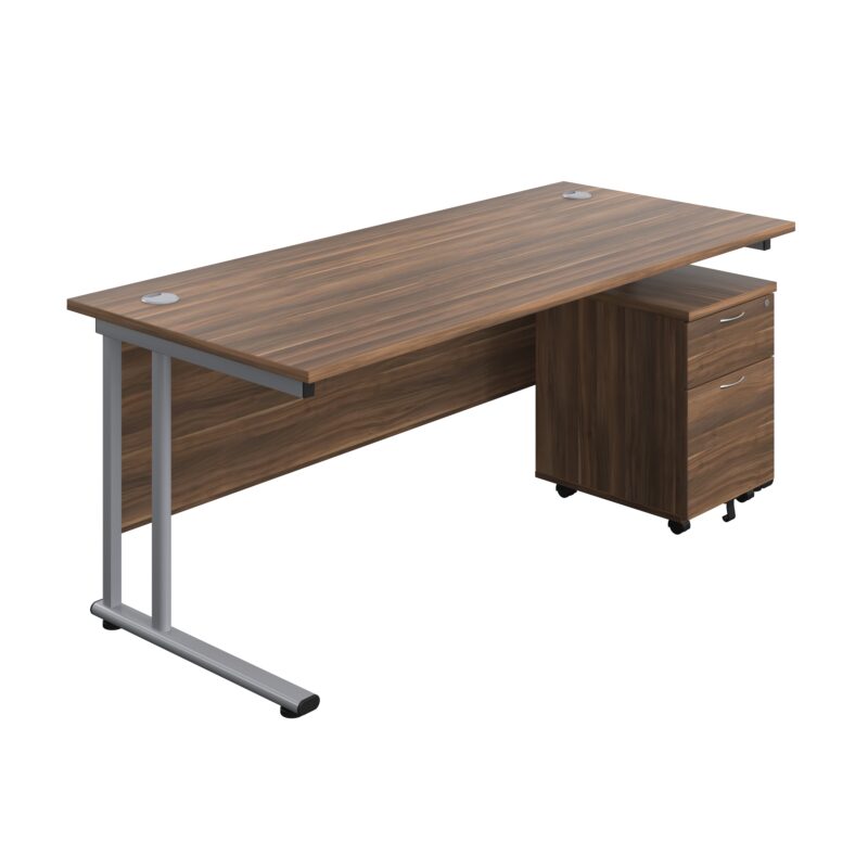 Twin Upright Rectangular Desk + Mobile 2 Drawer Pedestal | 1800X800 | Dark Walnut/Silver