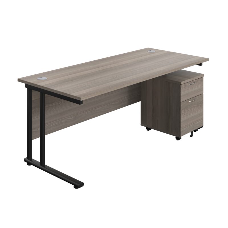 Twin Upright Rectangular Desk + Mobile 2 Drawer Pedestal | 1800X800 | Grey Oak/Black