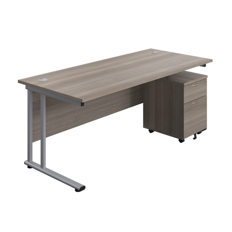 Twin Upright Rectangular Desk + Mobile 2 Drawer Pedestal | 1800X800 | Grey Oak/Silver