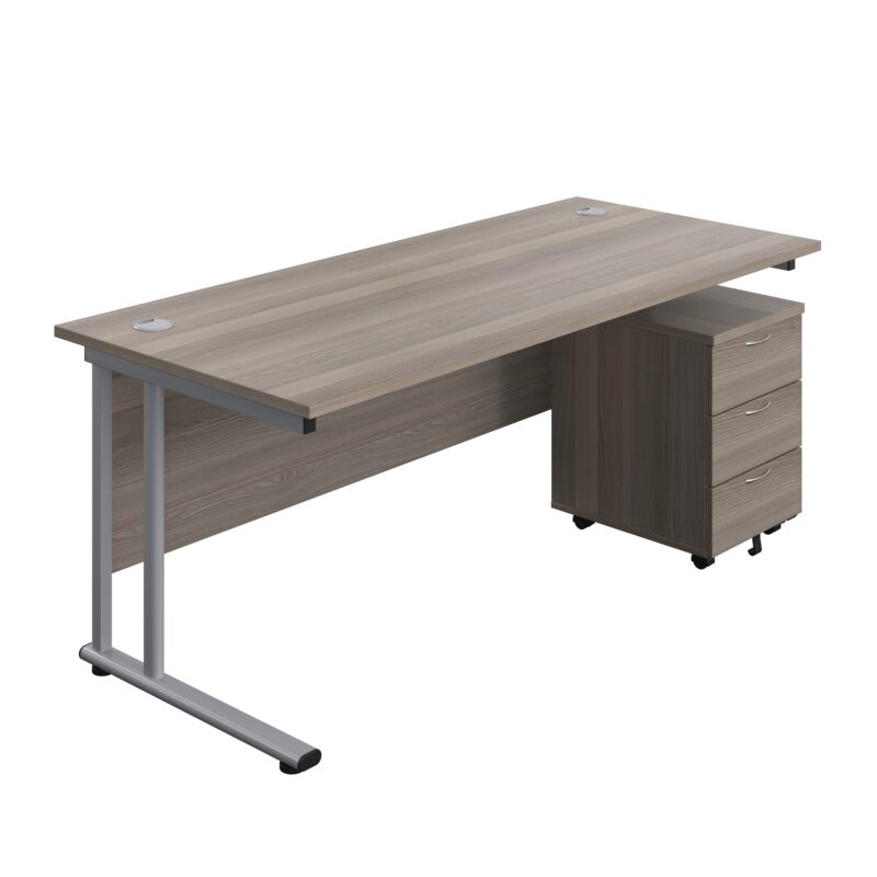 Twin Upright Rectangular Desk + Mobile 3 Drawer Pedestal | 1800X800 | Grey Oak/Silver