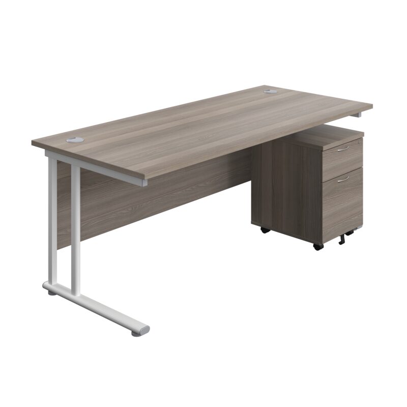 Twin Upright Rectangular Desk + Mobile 2 Drawer Pedestal | 1800X800 | Grey Oak/White