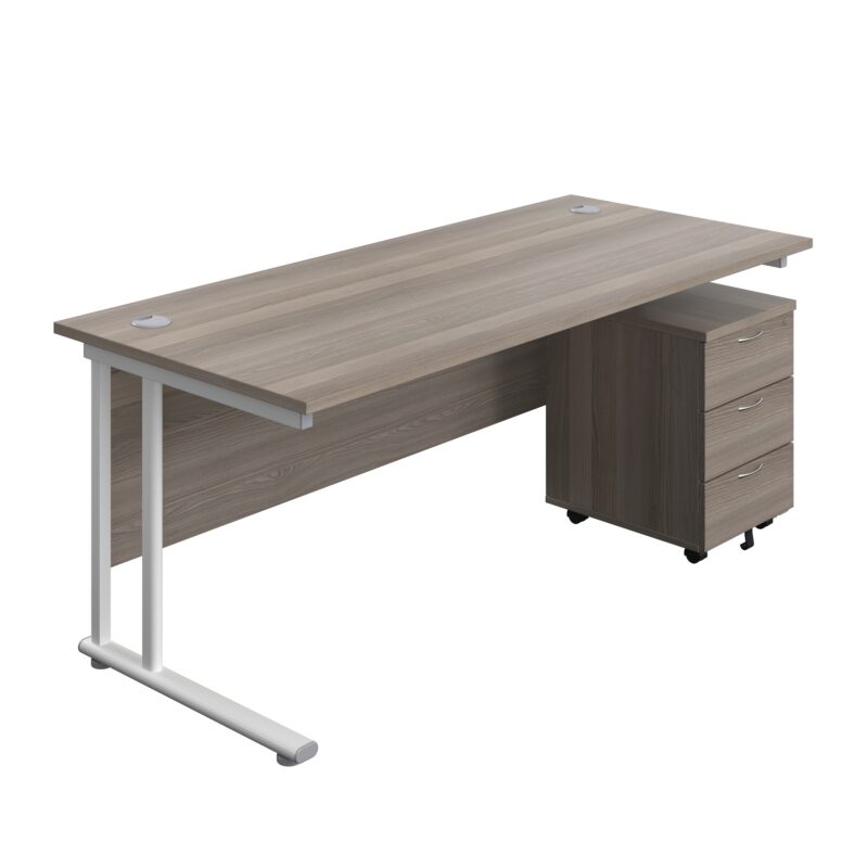 Twin Upright Rectangular Desk + Mobile 3 Drawer Pedestal | 1800X800 | Grey Oak/White