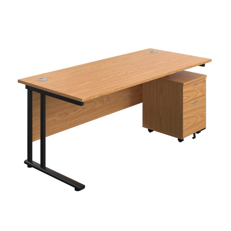 Twin Upright Rectangular Desk + Mobile 2 Drawer Pedestal | 1800X800 | Nova Oak/Black