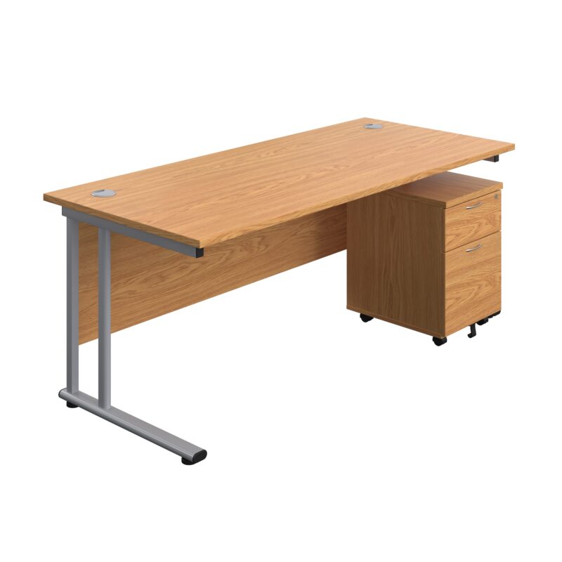 Twin Upright Rectangular Desk + Mobile 2 Drawer Pedestal | 1800X800 | Nova Oak/Silver