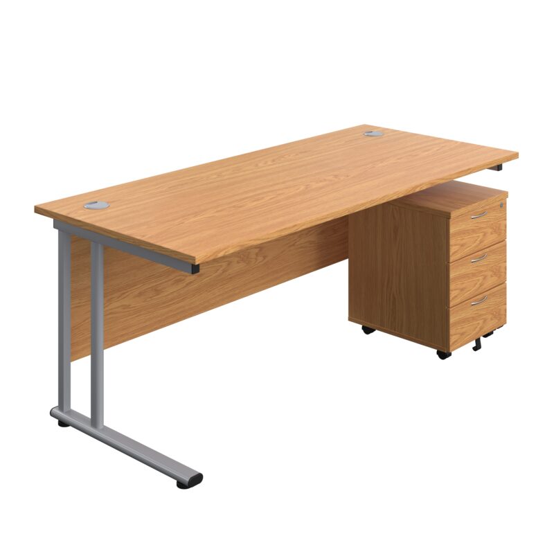 Twin Upright Rectangular Desk + Mobile 3 Drawer Pedestal | 1800X800 | Nova Oak/Silver