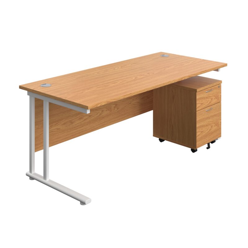 Twin Upright Rectangular Desk + Mobile 2 Drawer Pedestal | 1800X800 | Nova Oak/White