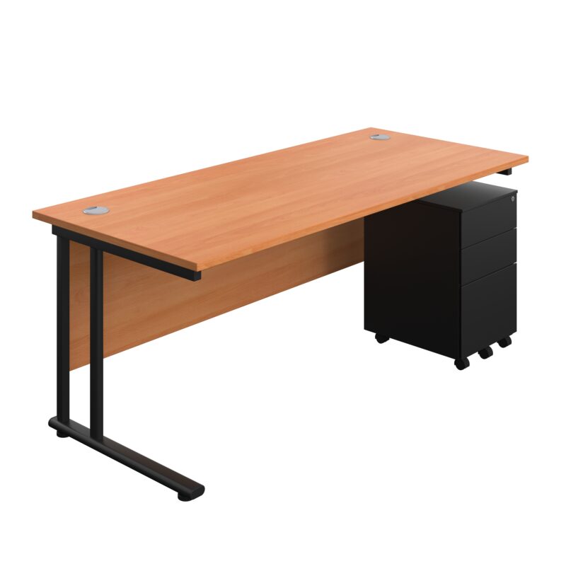 Twin Upright Rectangular Desk + Under Desk Steel Pedestal 3 Drawers | 1800X800 | Beech/Black