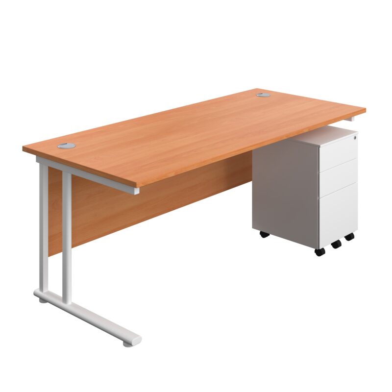 Twin Upright Rectangular Desk + Under Desk Steel Pedestal 3 Drawers | 1800X800 | Beech/White