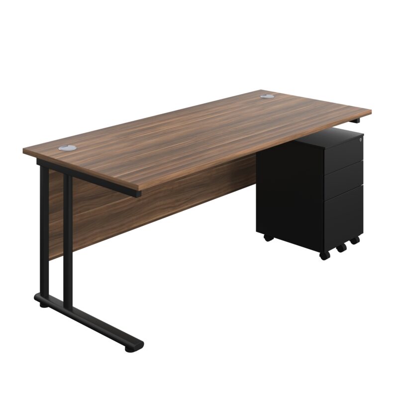 Twin Upright Rectangular Desk + Under Desk Steel Pedestal 3 Drawers | 1800X800 | Dark Walnut/Black