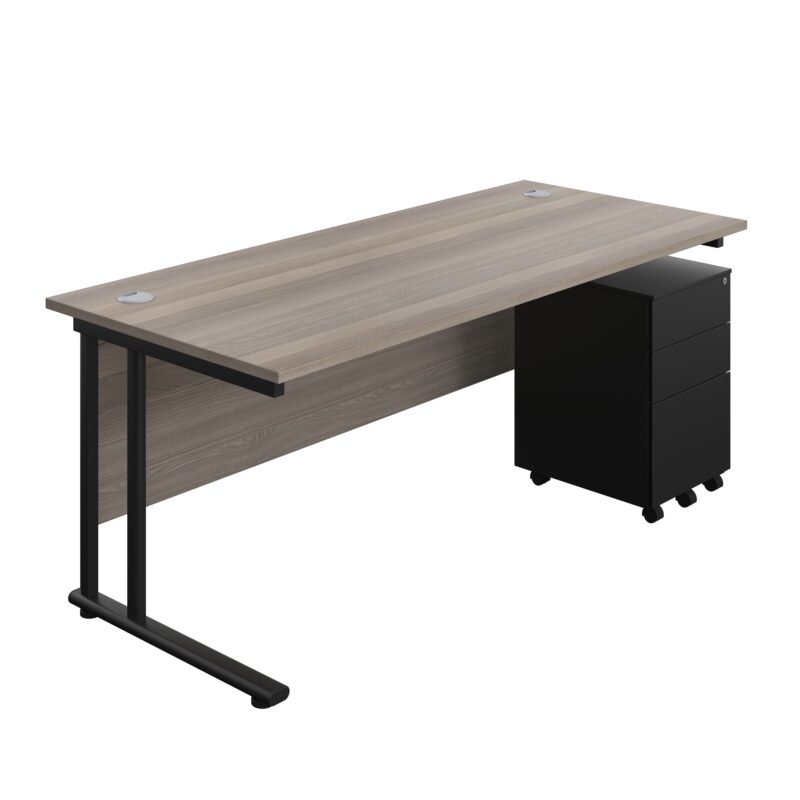 Twin Upright Rectangular Desk + Under Desk Steel Pedestal 3 Drawers | 1800X800 | Grey Oak/Black