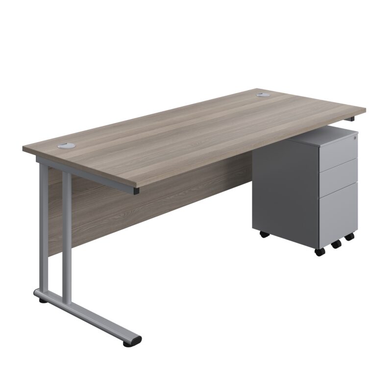 Twin Upright Rectangular Desk + Under Desk Steel Pedestal 3 Drawers | 1800X800 | Grey Oak/Silver