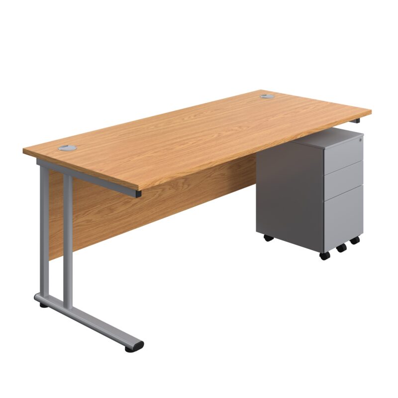 Twin Upright Rectangular Desk + Under Desk Steel Pedestal 3 Drawers | 1800X800 | Nova Oak/Silver