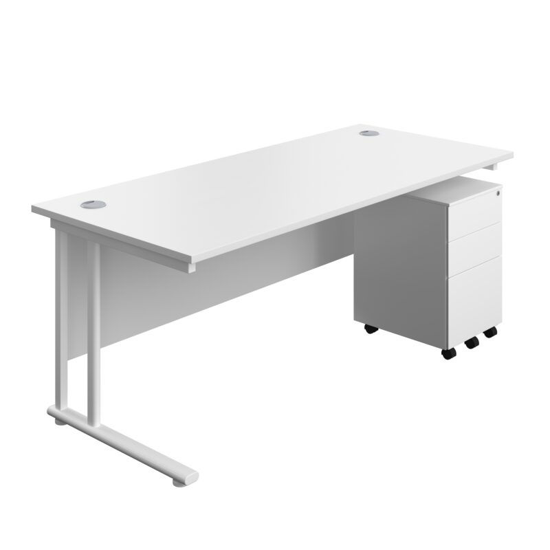 Twin Upright Rectangular Desk + Under Desk Steel Pedestal 3 Drawers | 1800X800 | White/White