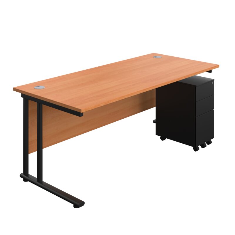 Twin Upright Rectangular Desk + Slimline Steel Pedestal 3 Drawers | 1800X800 | Beech/Black