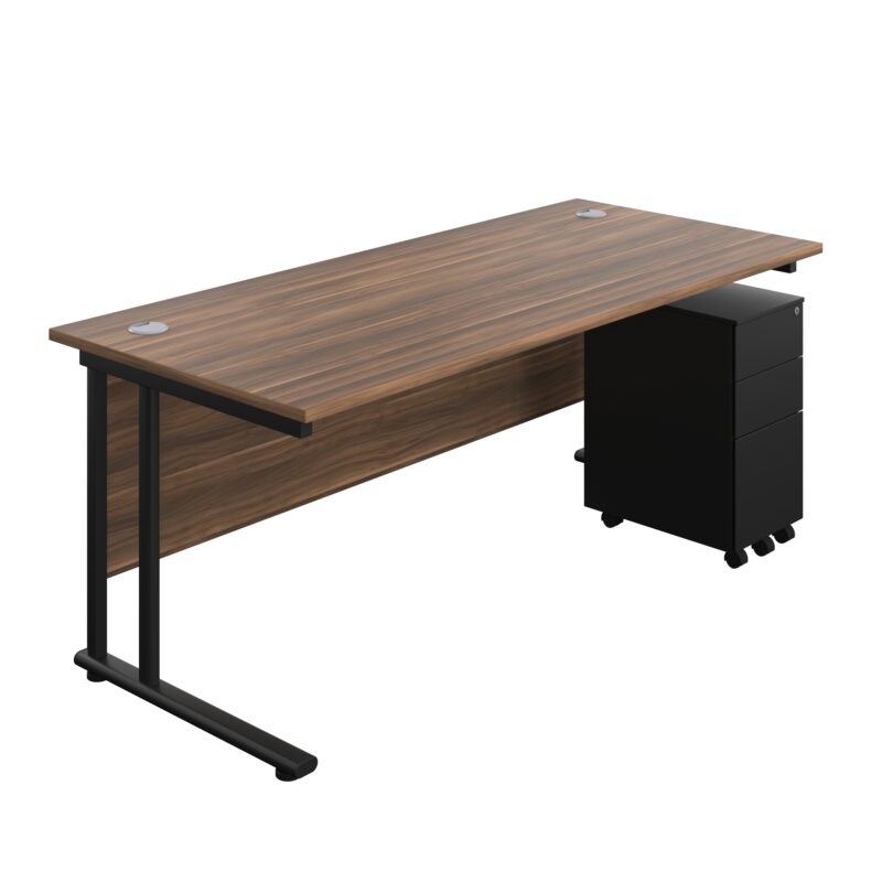 Twin Upright Rectangular Desk + Slimline Steel Pedestal 3 Drawers | 1800X800 | Dark Walnut/Black