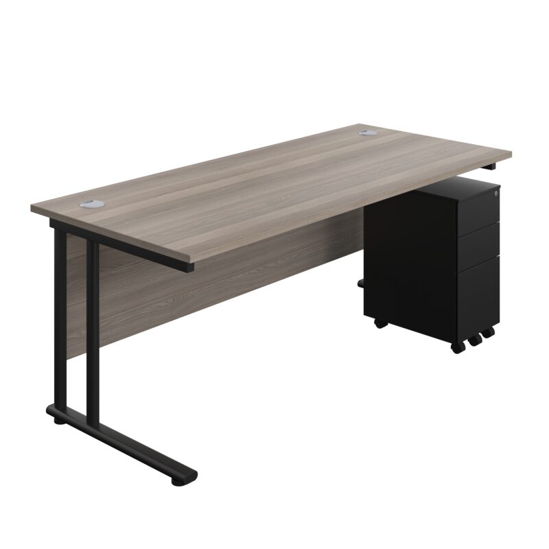 Twin Upright Rectangular Desk + Slimline Steel Pedestal 3 Drawers | 1800X800 | Grey Oak/Black