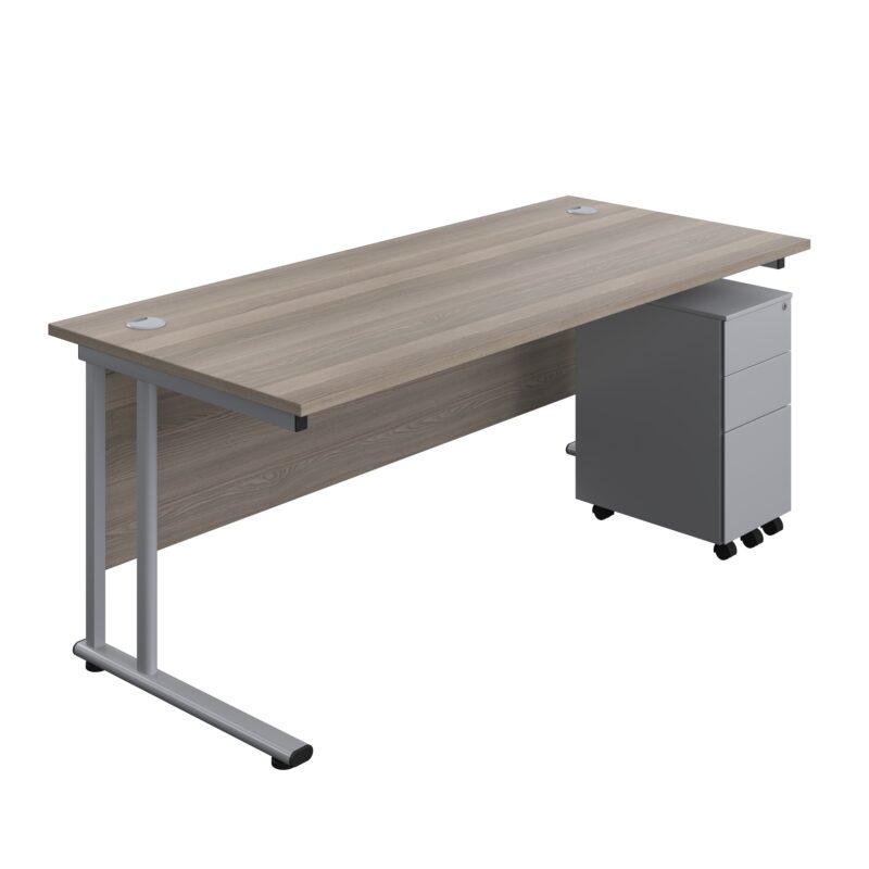 Twin Upright Rectangular Desk + Slimline Steel Pedestal 3 Drawers | 1800X800 | Grey Oak/Silver