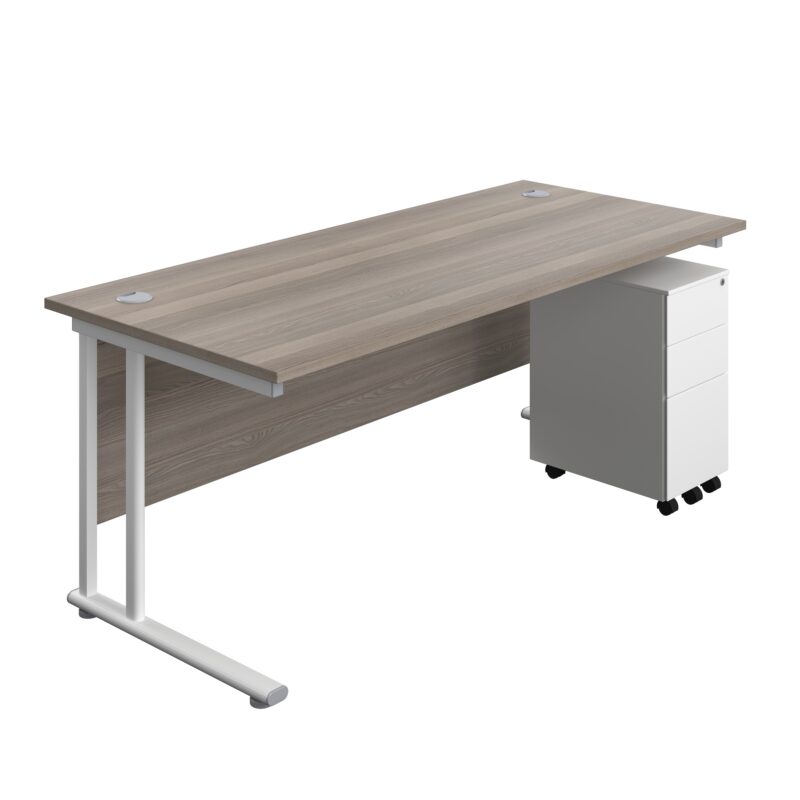 Twin Upright Rectangular Desk + Slimline Steel Pedestal 3 Drawers | 1800X800 | Grey Oak/White