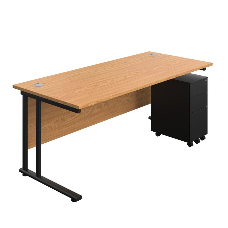 Twin Upright Rectangular Desk + Slimline Steel Pedestal 3 Drawers | 1800X800 | Nova Oak/Black