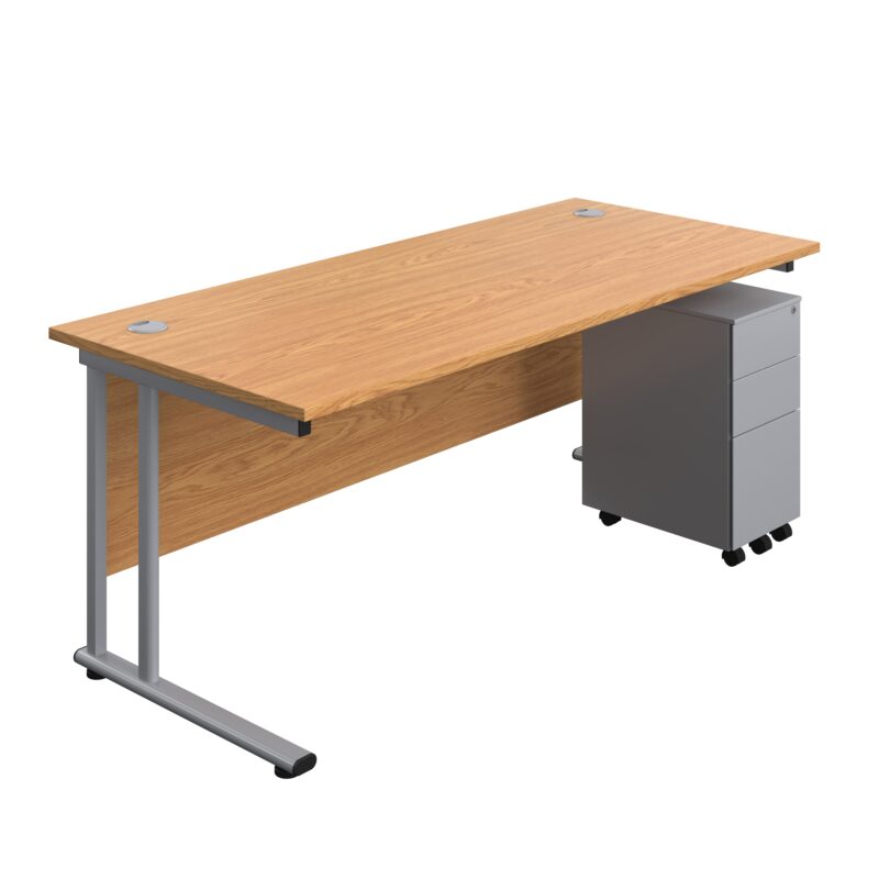 Twin Upright Rectangular Desk + Slimline Steel Pedestal 3 Drawers | 1800X800 | Nova Oak/Silver