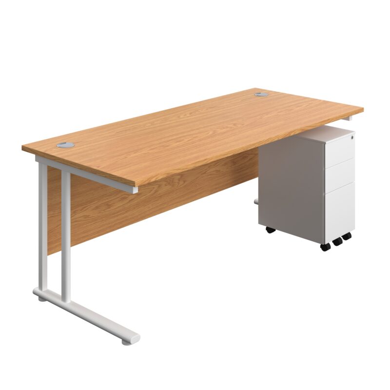 Twin Upright Rectangular Desk + Slimline Steel Pedestal 3 Drawers | 1800X800 | Nova Oak/White