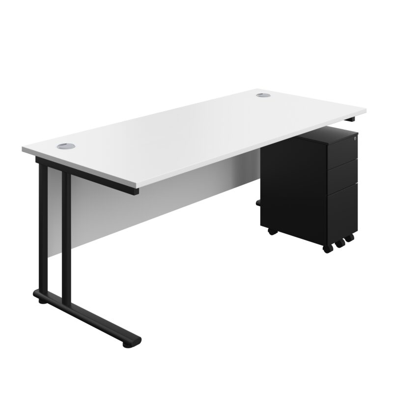 Twin Upright Rectangular Desk + Slimline Steel Pedestal 3 Drawers | 1800X800 | White/Black