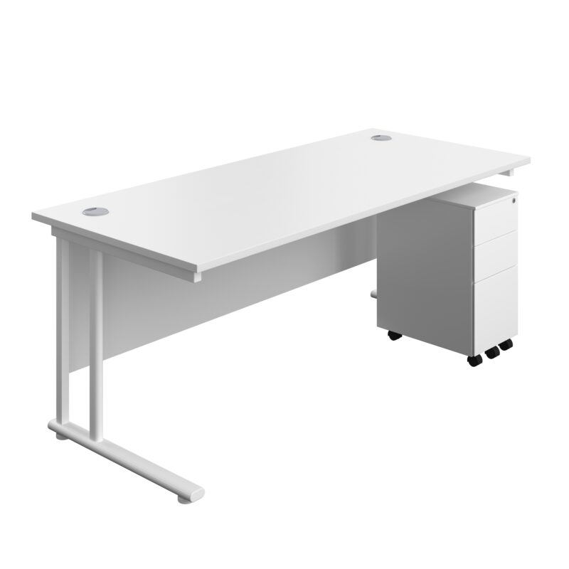 Twin Upright Rectangular Desk + Slimline Steel Pedestal 3 Drawers | 1800X800 | White/White