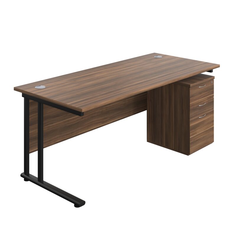 Twin Upright Rectangular Desk + High Mobile Pedestal 3 Drawer | 1800X800 | Dark Walnut/Black