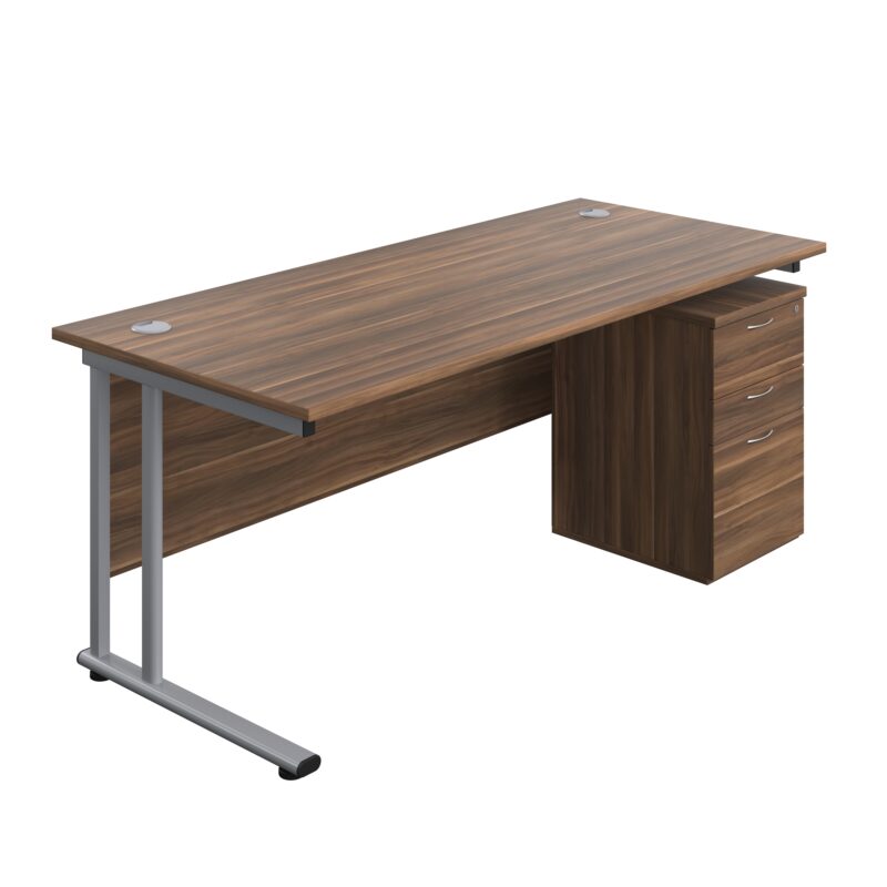 Twin Upright Rectangular Desk + High Mobile Pedestal 3 Drawer | 1800X800 | Dark Walnut/Silver