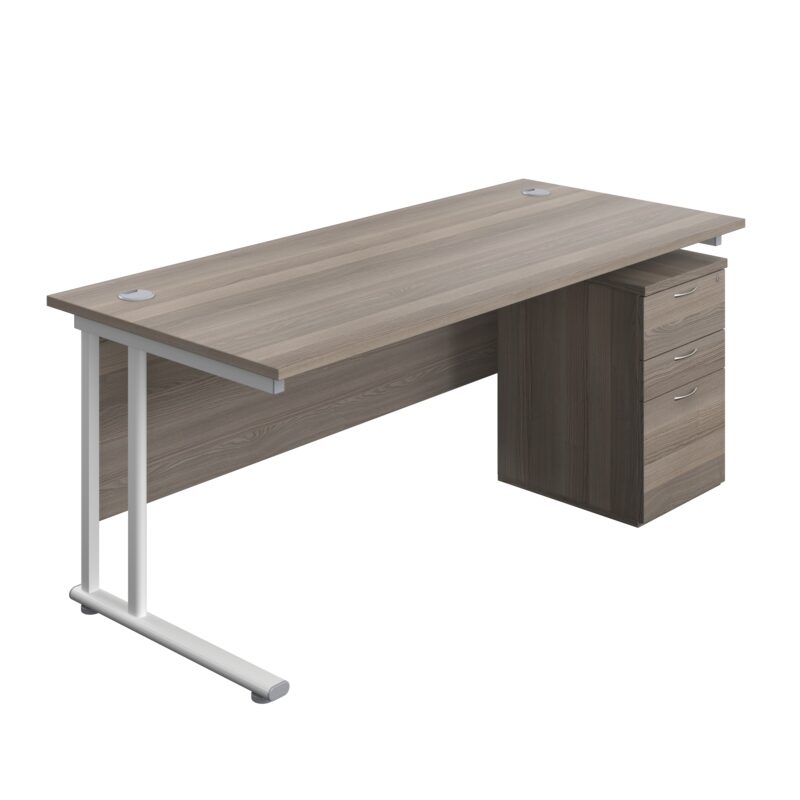 Twin Upright Rectangular Desk + High Mobile Pedestal 3 Drawer | 1800X800 | Grey Oak/White