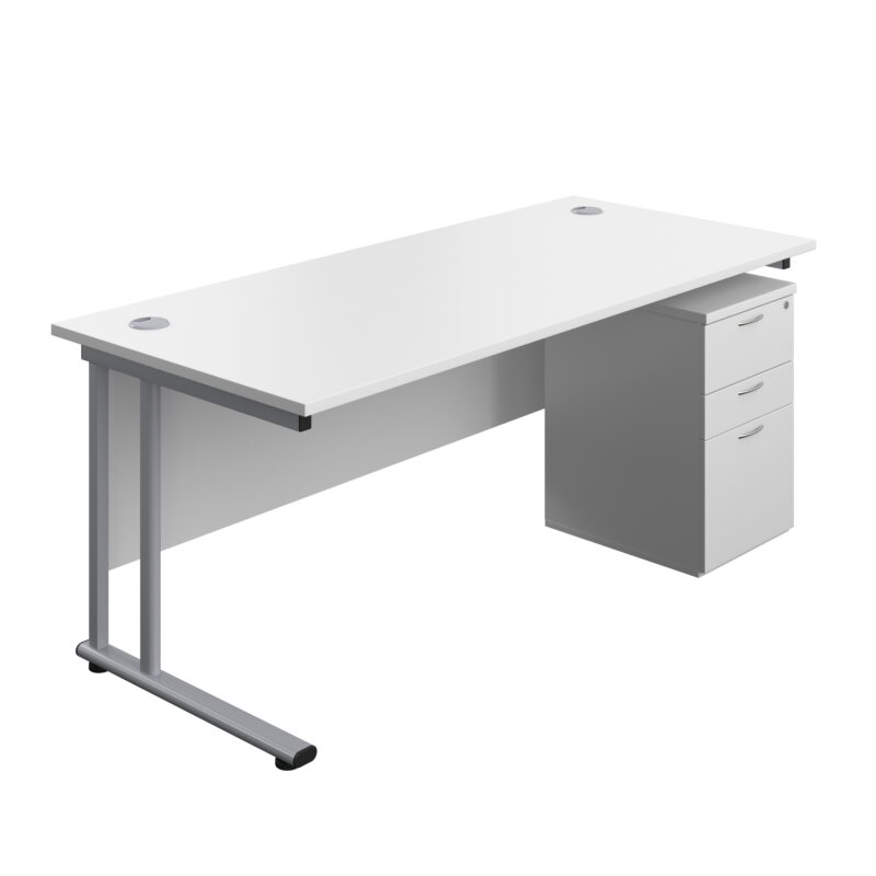 Twin Upright Rectangular Desk + High Mobile Pedestal 3 Drawer | 1800X800 | White/Silver