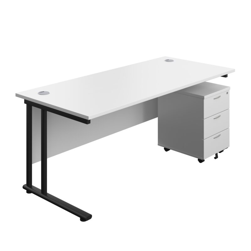 Twin Upright Rectangular Desk + Mobile 3 Drawer Pedestal | 1800X800 | White/Black