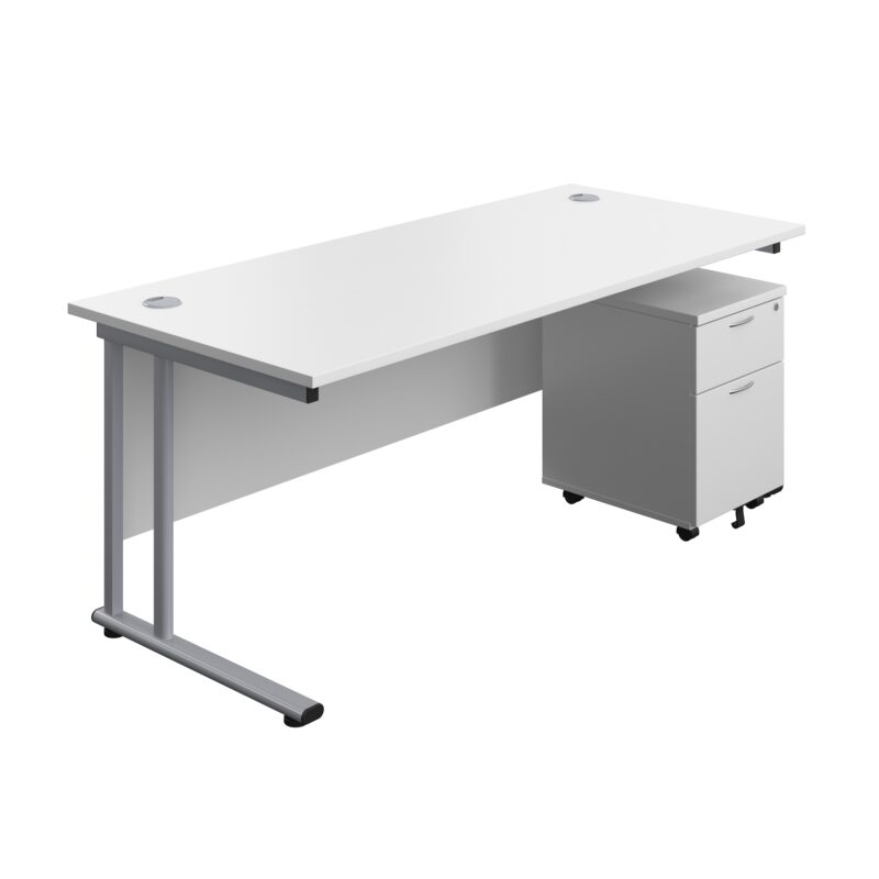 Twin Upright Rectangular Desk + Mobile 2 Drawer Pedestal | 1800X800 | White/Silver