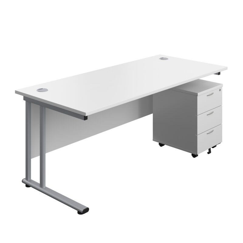 Twin Upright Rectangular Desk + Mobile 3 Drawer Pedestal | 1800X800 | White/Silver