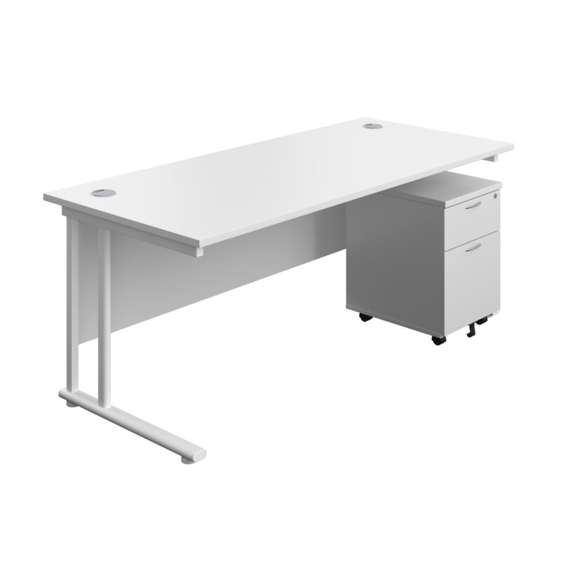 Twin Upright Rectangular Desk + Mobile 2 Drawer Pedestal | 1800X800 | White/White