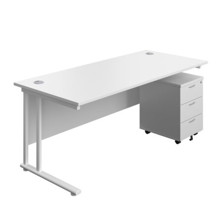 Twin Upright Rectangular Desk + Mobile 3 Drawer Pedestal | 1800X800 | White/White